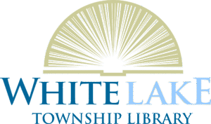 White Lake Township Library logo. Tan book laying open with pages fanned out and White Lake Township Library in shades of blue text below.
