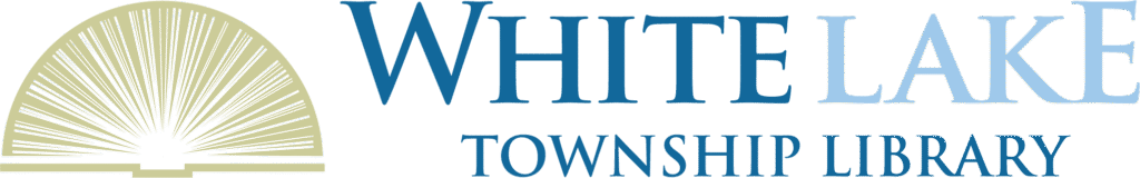 White Lake Township Library logo. Tan book laying open with pages fanned out and White Lake Township Library in shades of blue text on the right side.