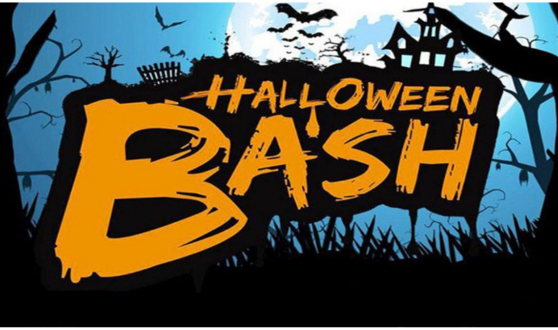 Halloween graphic design with a background silhouette of a haunted house with orange and black text:Halloween Bash