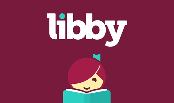 Burgundy background with small stylized image of a girl reading a book and text: libby