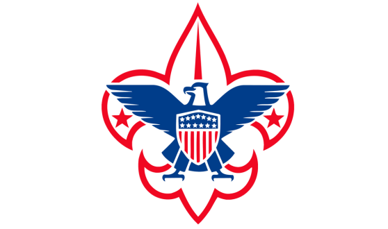 Red Fleur de Lis with a blue eagle with wings spread and a shield on the chest with a blue top bar containing white stars and red and white vertical stripes below.