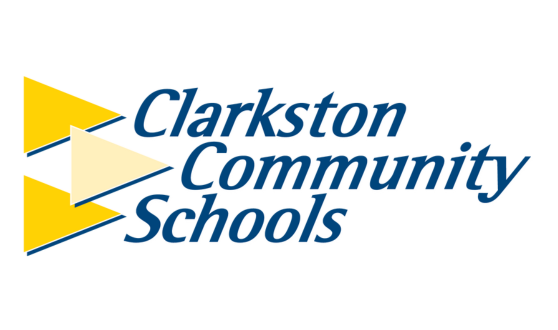 Three yellow triangles and text Clarkston Community Schools