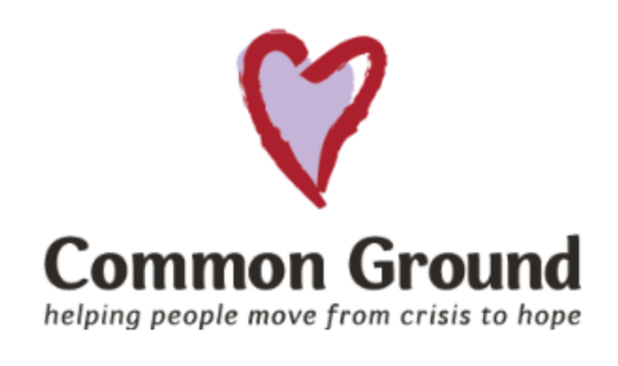 Red doodle style heart with a purple background and text Common Ground helping people move from crisis to hope