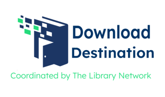 Dark blue book with a door and text Download Destination: Coordinated by The Library Network