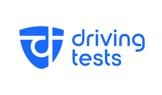 Blue shield with white lines in the shape of a lowercase d and text driving tests