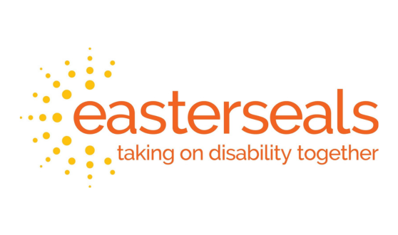 Yellow sunburst and orange text easterseals taking on disability together