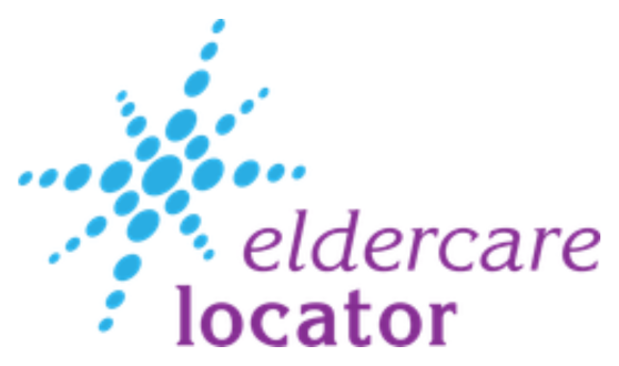 Blue dot sunburst and text eldercare locator