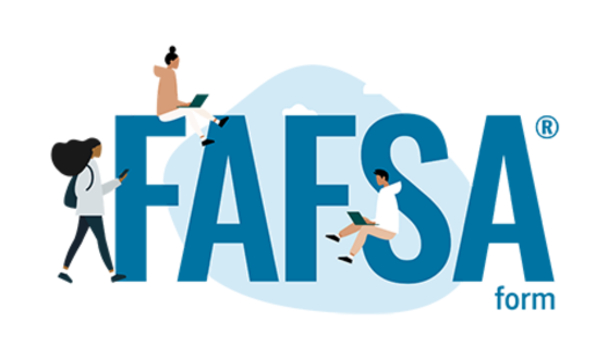 Cartoon images of people on electronic devices and text FAFSA form