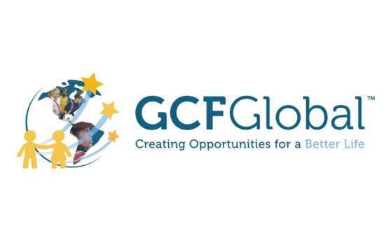 Two yellow figures holding hands in front of a globe and text GCF Global: Creating Opportunities for a Better Life