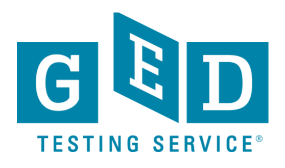Blue squares with letters GED inside and text Testing Service