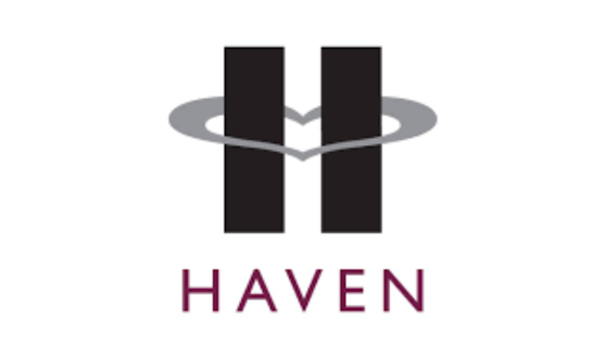Large H where the crosspiece is formed by a horizontal heart and text HAVEN