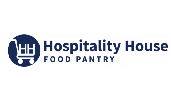 Blue circle with a grocery cart containing two capital Hs and text Hospitality House Food Pantry