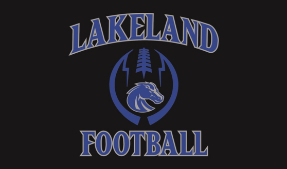 Black background with blue image of a football and a blue and silver horse's head and text reading Lakeland Football