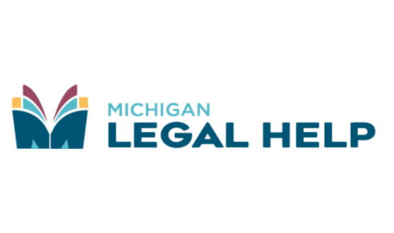 Open book in shades of teal, orange, and burgundy and text Michigan Legal Help