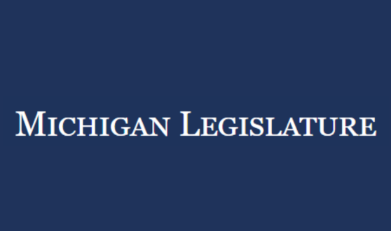 Dark blue background with white text Michigan Legislature