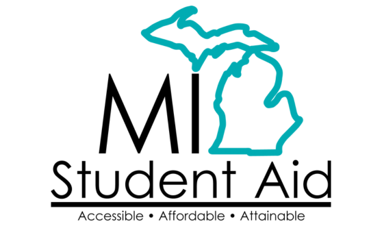 Teal outline of Michigan and text MI Student Aid Accessible Affordable Attainable