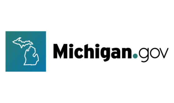 white outline of state of Michigan on a blue background with text Michigan.gov