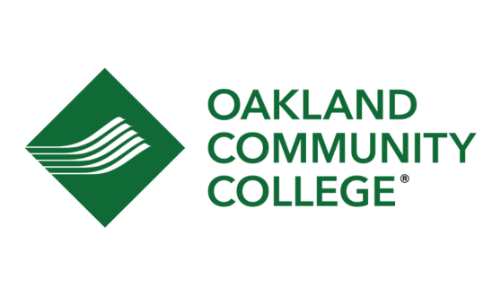 Green diamond with white lines and text Oakland Community College
