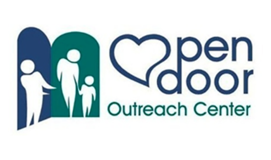 Silhouettes of people walking through a blue and green door with text Open Door Outreach Center