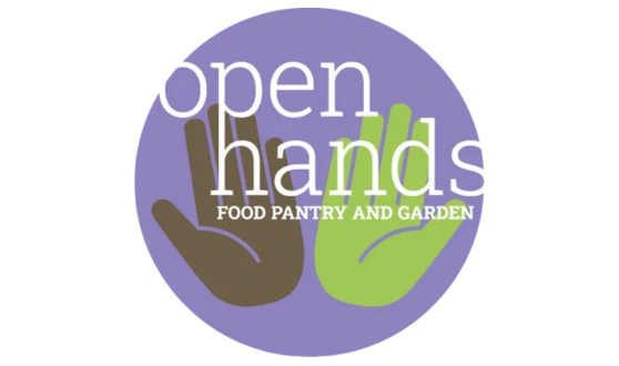 A purple circle with two hands, one brown, one green, and text Open Hands food pantry and garden