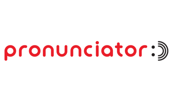 Red text reading pronunciator with a small smiley face