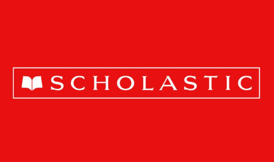 Red background with white open book and text Scholastic