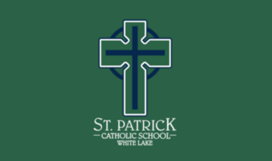 Dark green background with Celtic cross and text St. Patrick Catholic School White Lake
