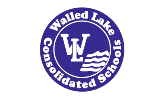 Blue circle with intitals WL and waves, and text Walled Lake Consolidated Schools