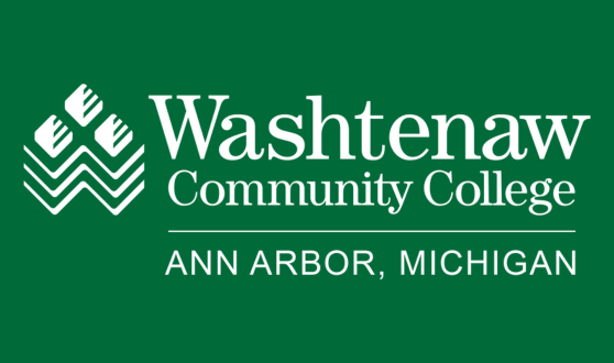 Green background with three white chevrons and text Washtenaw Community College Ann Arbor, Michigan