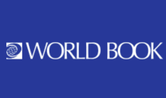 Dark blue background with white image of a globe projection and text World Book